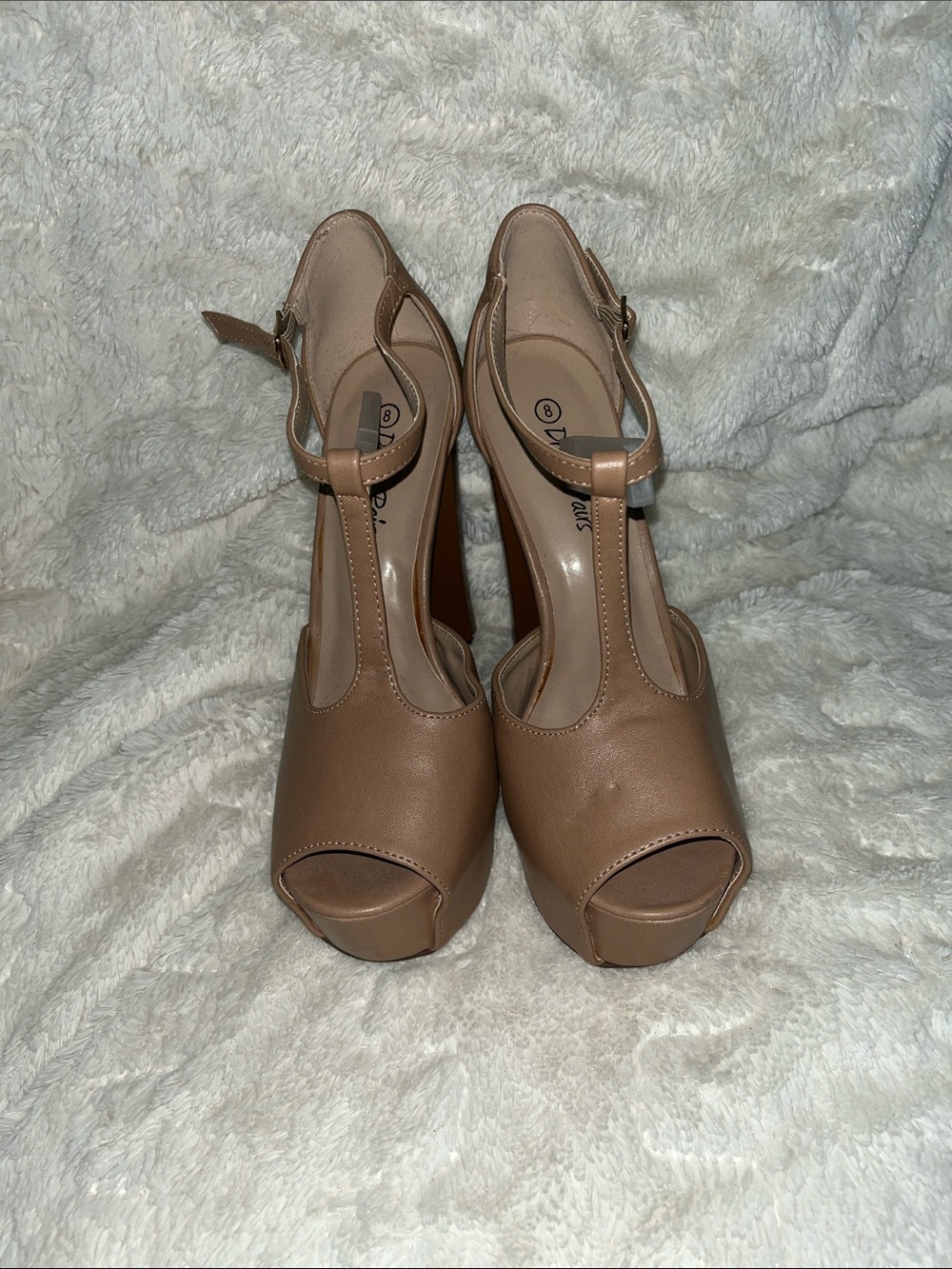 Dream Pairs Tan T-Strap Peep-Toe Platform Heels